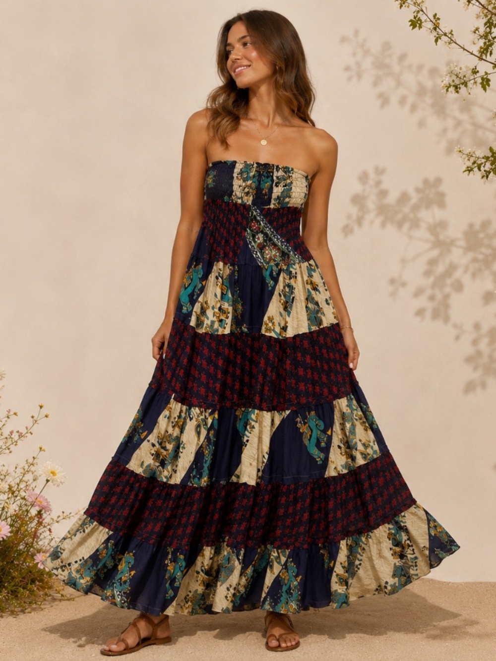 NWT Stelle Silk Sari Pachwork Tiered Maxi Skirt Dress | OS Made in India